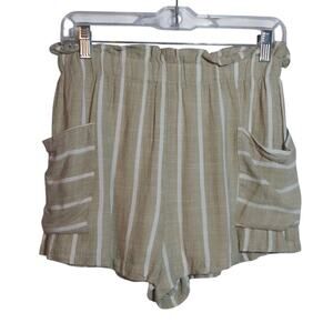 Lush Striped Taupe Cream Linen Casual Shorts Beach Vacation Size Small